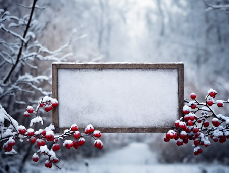 Winter background with frozen red rowan berries in frosty window frame. AI generated.の素材
