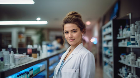 Portrait of smiling female pharmacist standing in pharmacy and looking at camera. AI generated.の素材