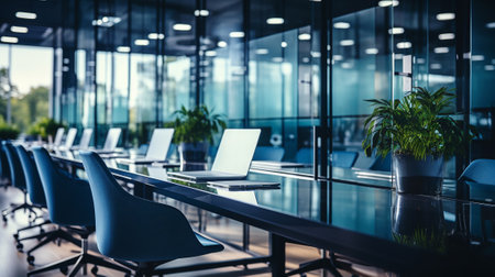 Modern coworking office interior with computers and plants. AI Generative.の素材