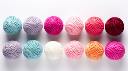 Multicolored yarn balls on white background. Generative AIの素材