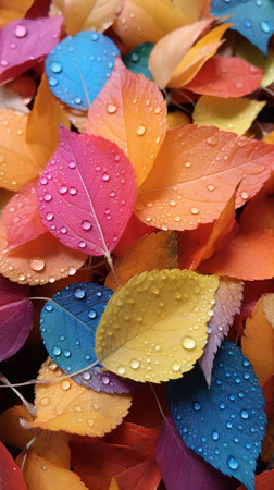 Colorful autumn leaves with water droplets, close-up. Generative AIの素材