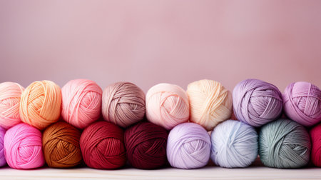 Multicolored skeins of yarn for knitting on a wooden shelf. AI Generativeの素材
