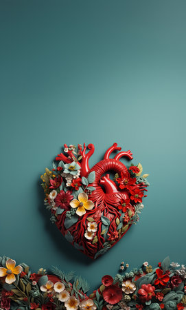 Valentine's day background with red heart and flowers on green background. 3d rendering. Generative AIの素材