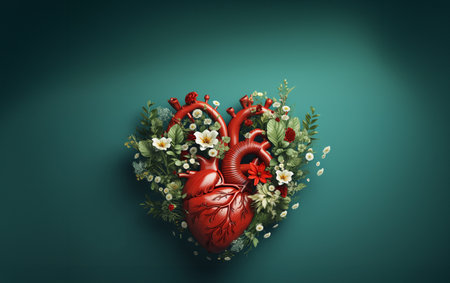 Valentine's day background with red heart and flowers on green background. 3d rendering. Generative AIの素材