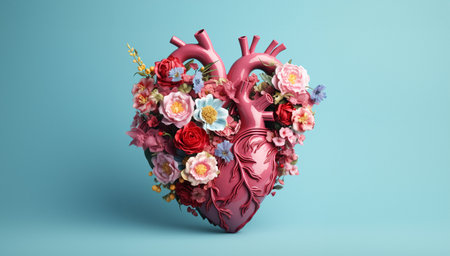 Human heart with pink flowers on blue background. 3d rendering. Generative AIの素材