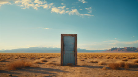 Door in the middle of the desert at sunset. AI Generativeの素材
