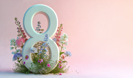 Happy Womens Day. March 8 design template. Decorative white number with multi-colored flowers and...