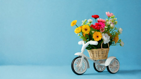 Spring banner. Toy bicycle with a basket of flowers on a blue background with empty space. AI Generativeの写真素材