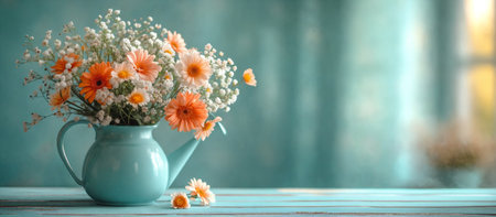 Spring concept. A bouquet of wildflowers in a watering can on a blurred background. AI Generativeの写真素材