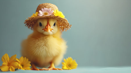 Cute little chicken in a straw hat with flowers on a gray background. Empty space. AI Generativeの写真素材