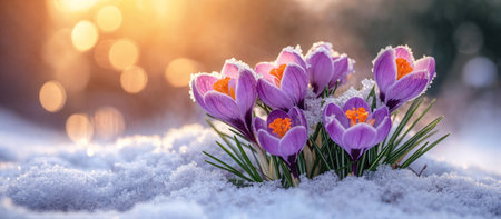 Purple crocuses blossomed in the snow symbolizing the arrival of spring. Sunlight and bokeh in the background. Generative AIの素材