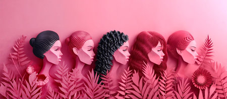 Portraits of women in paper cut style on pink background. Generative AIの素材