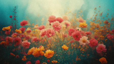 Field of bright multi-colored flowers. Spring, summer banner. Old photo effect. AI Generativeの素材