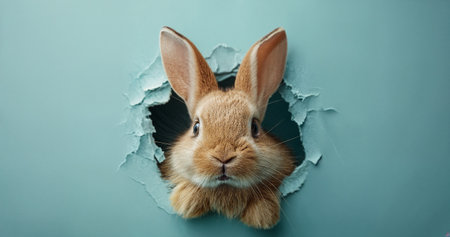 The Easter bunny looks out of a hole on a paper blue background. AI Generativeの素材
