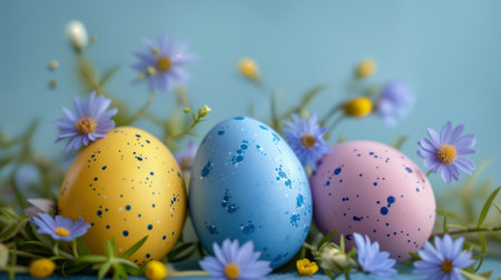Easter eggs in the grass on a blue background, Easter background. Generative AIの素材
