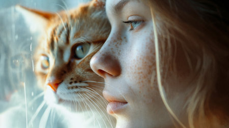 A red-haired girl with a red cat looks out the window. AI Generativeの素材