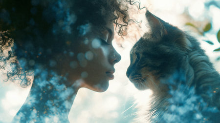Photo of young girl and cat in profile face to face with double exposure. Generative AIの素材