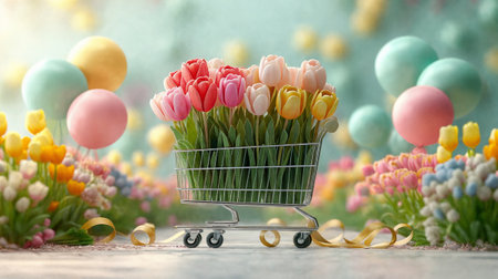 Tulips in a shopping cart on a festive background with flowers and balloons. AI Generativeの素材