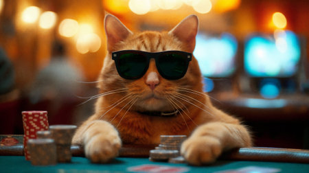 A cat gambler in sunglasses makes stacks in a casino. AI Generativeの素材