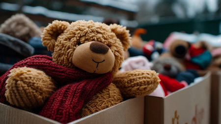 Second hand clothes and a teddy bear in a caton box. Concept of help, support, ecology. Generative AIの素材
