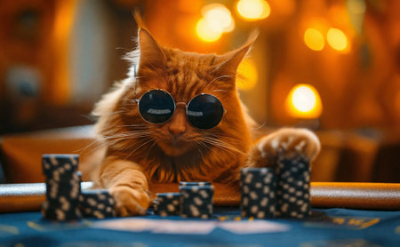 A cat gambler in sunglasses makes stacks in a casino. AI Generativeの素材