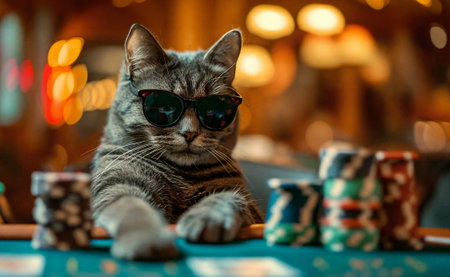 A cat gambler in sunglasses makes stacks in a casino. AI Generativeの素材