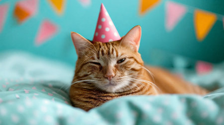 Cute ginger cat in a hat celebrates his birthday on a blue background with garlands. AI Generativeの素材