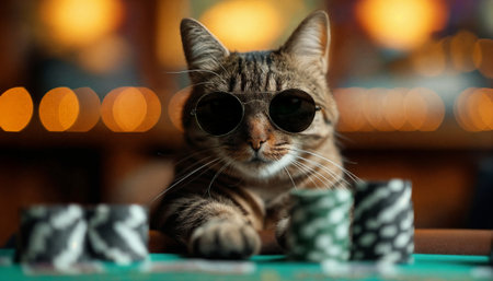 A cat gambler in sunglasses makes stacks in a casino. AI Generativeの素材