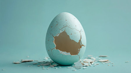 An Image of Broken Egg Cracks on blue background. Minimalistic background, Easter, spring concept. AI Generativeの素材