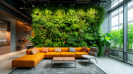 Modern eco office interior with a wall of green plants. Generative AIの素材