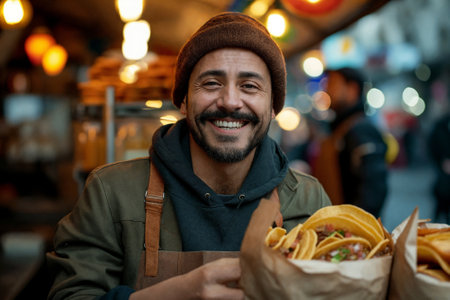Friendly street food vendor holds out a paper bag of tacos to a customer. AI Generativeの素材