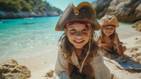 Children play pirates on the seashore. AI Generativeの素材