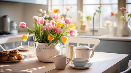Beautiful spring flowers in vase on table in kitchen at home. Generative AIの素材