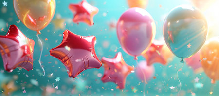 Multi-colored balloons and confetti on a blue background. Festive and party background. Generative AIの素材