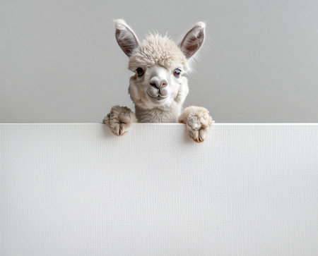 Cute lama hanging over a white poster with empty space. AI Generativeの素材