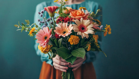 The girl is holding a beautiful bouquet of flowers in her hands. Generative AIの素材