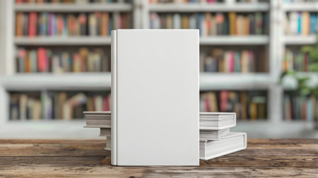 Mockup of a hardcover book with a blank cover on a library background. Generative AIの素材