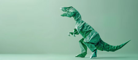 Green origami dinosaur on a light green background. AI Generativeの素材