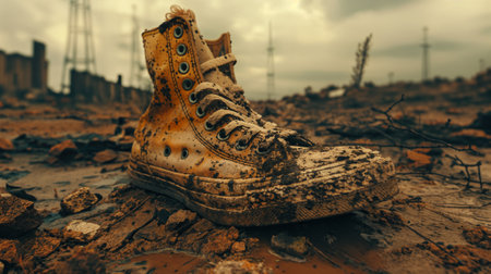 An old dirty sneaker against a background of destruction. Environmental pollution. AI Generativeの素材