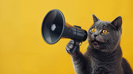 Red cat with a megaphone on a blue background. The concept of advertising, attracting attention, announcements. Generative AIの素材