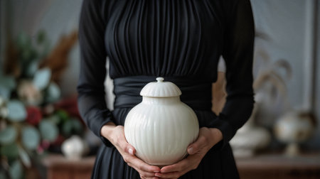 A woman holds a white funeral urn in her hands. AI Generativeの素材