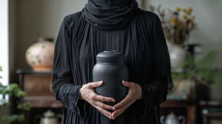 A woman in mourning clothes holds a black funeral urn in her hands. AI Generativeの素材