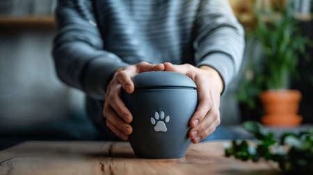A man holds in his hands an urn with the ashes of his beloved pet. Generative AIの素材