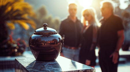 Urn with ashes at the cemetery. Farewell ceremony for friends and family. AI Generativeの素材