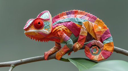 Origami chameleon sits on a branch, origami animals. Generative AIの素材