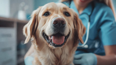 Happy dog at the veterinarian's appointment. AI Generativeの素材