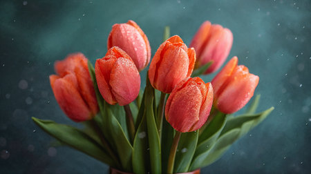 Bouquet of red-orange tulips with raindrops on a dark blue background. Idea for spring holidays. AI Generativeの素材