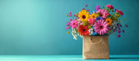 Kraft paper bag with a bouquet of bright flowers on a blue background with empty space. AI Generativeの素材
