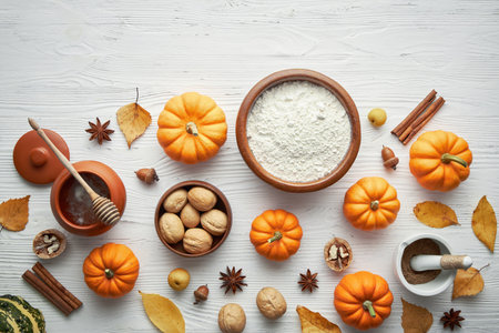 Light wooden table with pumpkins and baking supplies, flour, honey, nuts.の写真素材
