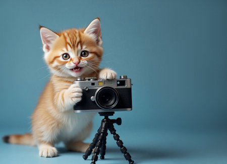 Smiling cute kitten with a camera in its paws on a blue background. Generative AIの素材